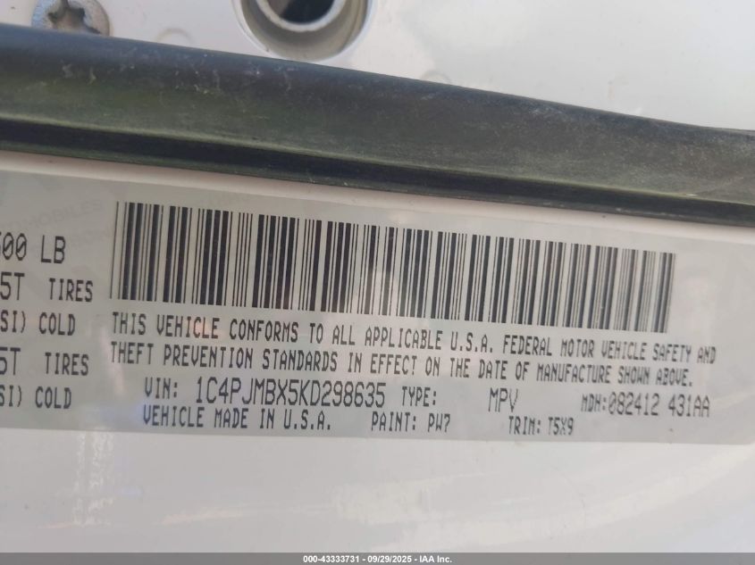 2019 Jeep Cherokee Trailhawk 4X4 VIN: 1C4PJMBX5KD298635 Lot: 43333731