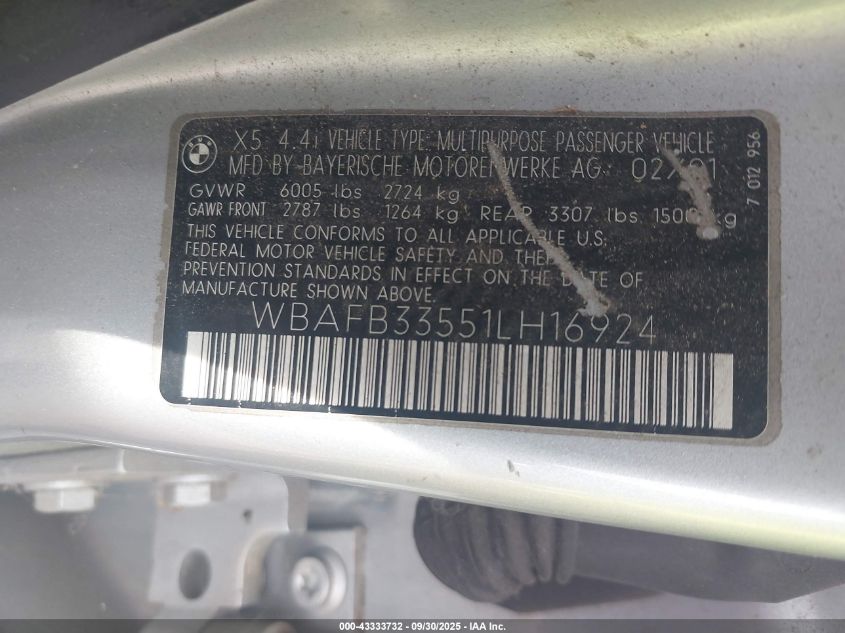 2001 BMW X5 4.4 VIN: WBAFB33551LH16924 Lot: 43333732