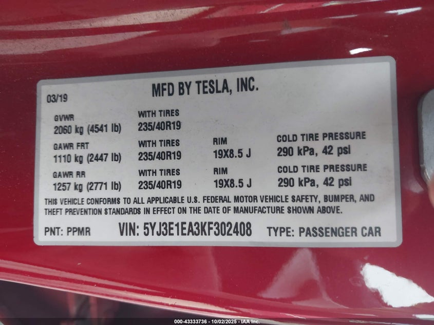 2019 Tesla Model 3 Long Range/Mid Range/Standard Range/Standard Range Plus VIN: 5YJ3E1EA3KF302408 Lot: 43333736