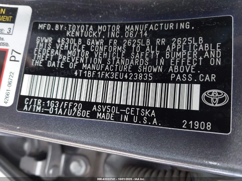 2014 Toyota Camry Se VIN: 4T1BF1FK3EU423835 Lot: 43333741