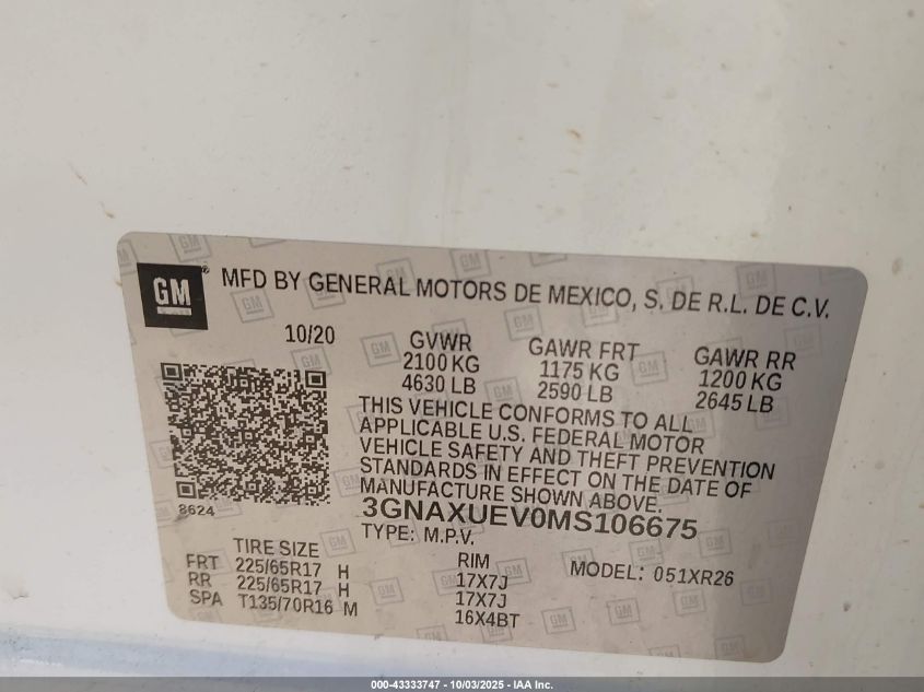 2021 Chevrolet Equinox Awd Lt VIN: 3GNAXUEV0MS106675 Lot: 43333747