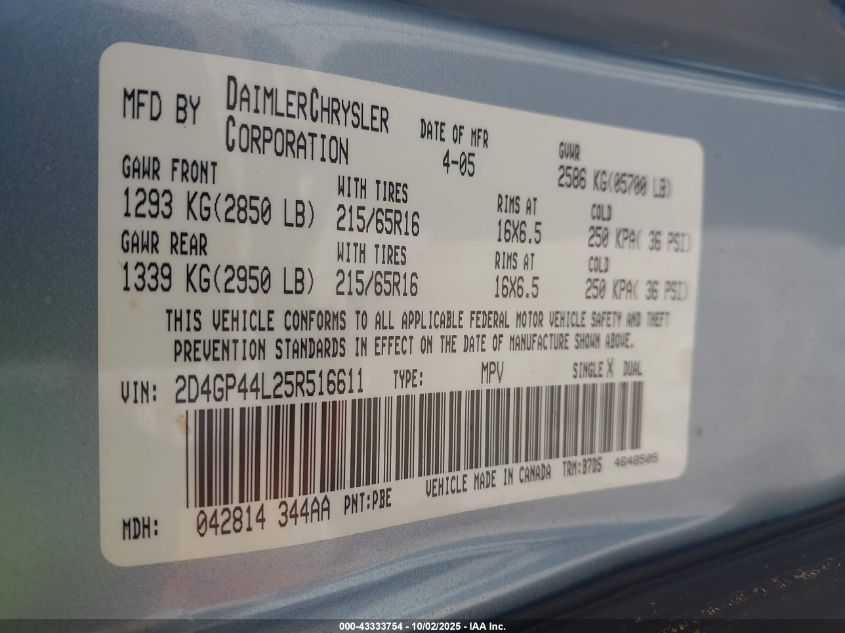 2005 Dodge Grand Caravan Sxt VIN: 2D4GP44L25R516611 Lot: 43333754