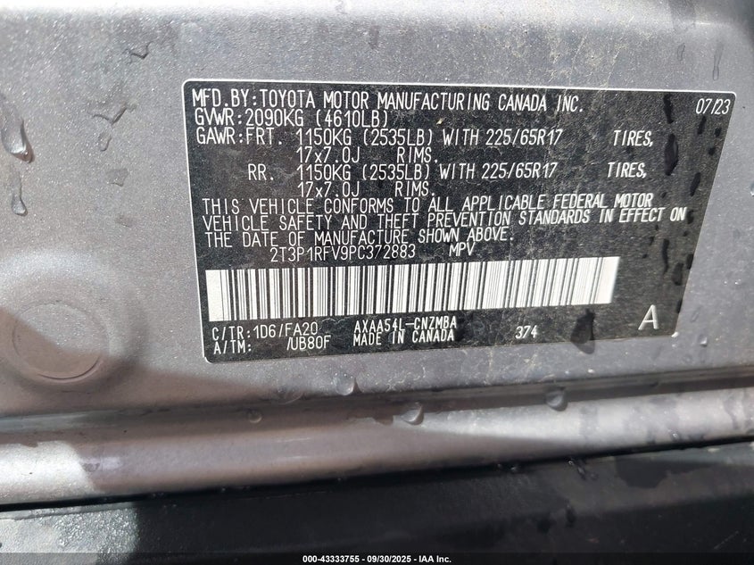 2023 Toyota Rav4 Xle VIN: 2T3P1RFV9PC372883 Lot: 43333755