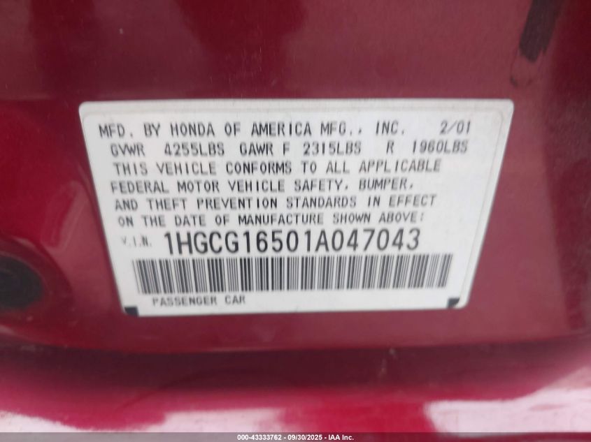 2001 Honda Accord 3.0 Ex VIN: 1HGCG16501A047043 Lot: 43333762