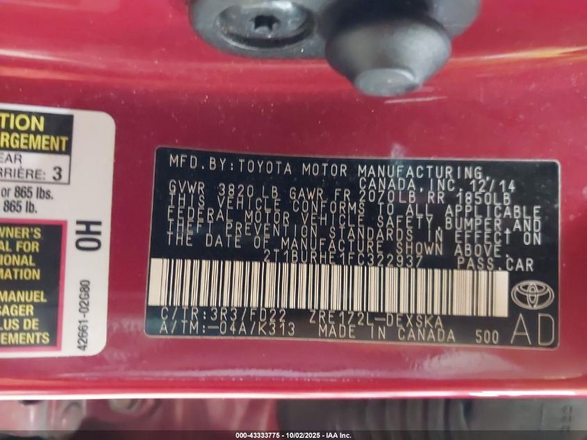 2015 Toyota Corolla S Plus VIN: 2T1BURHE1FC322937 Lot: 43333775