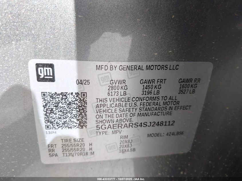 2025 Buick Enclave Preferred Fwd VIN: 5GAERARS4SJ248112 Lot: 43333777