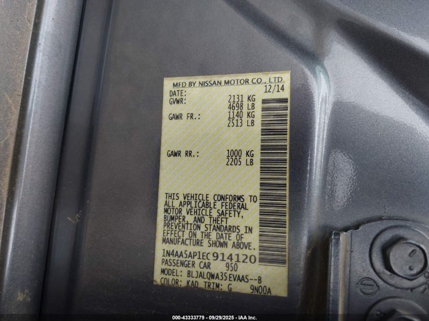 2014 Nissan Maxima 3.5 S VIN: 1N4AA5AP1EC914120 Lot: 43333779