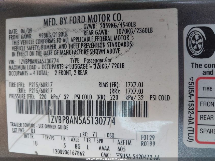 2010 Ford Mustang V6/V6 Premium VIN: 1ZVBP8AN5A5130774 Lot: 43333783