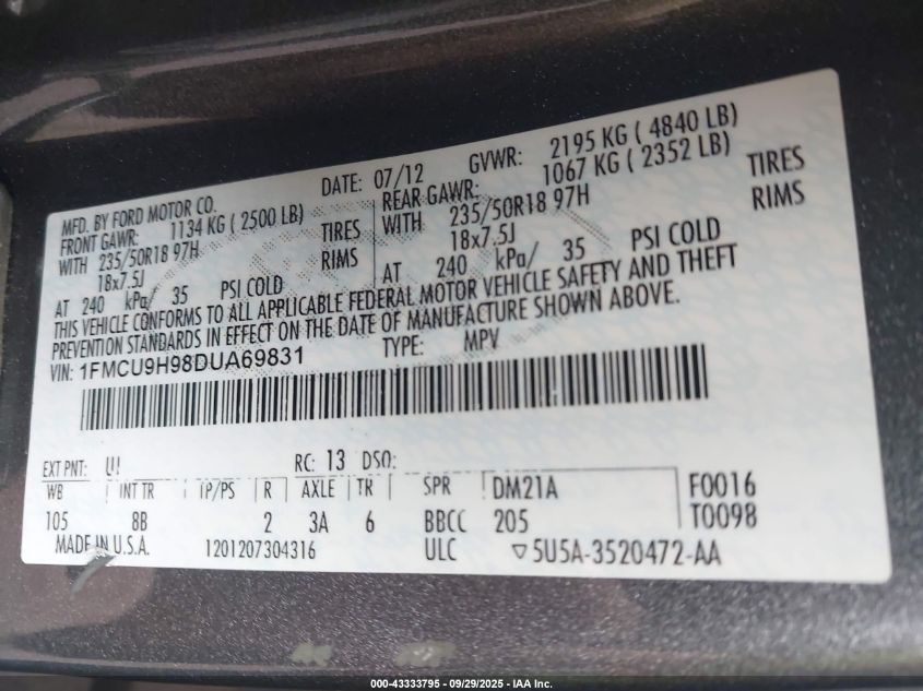 2013 Ford Escape Sel VIN: 1FMCU9H98DUA69831 Lot: 43333795