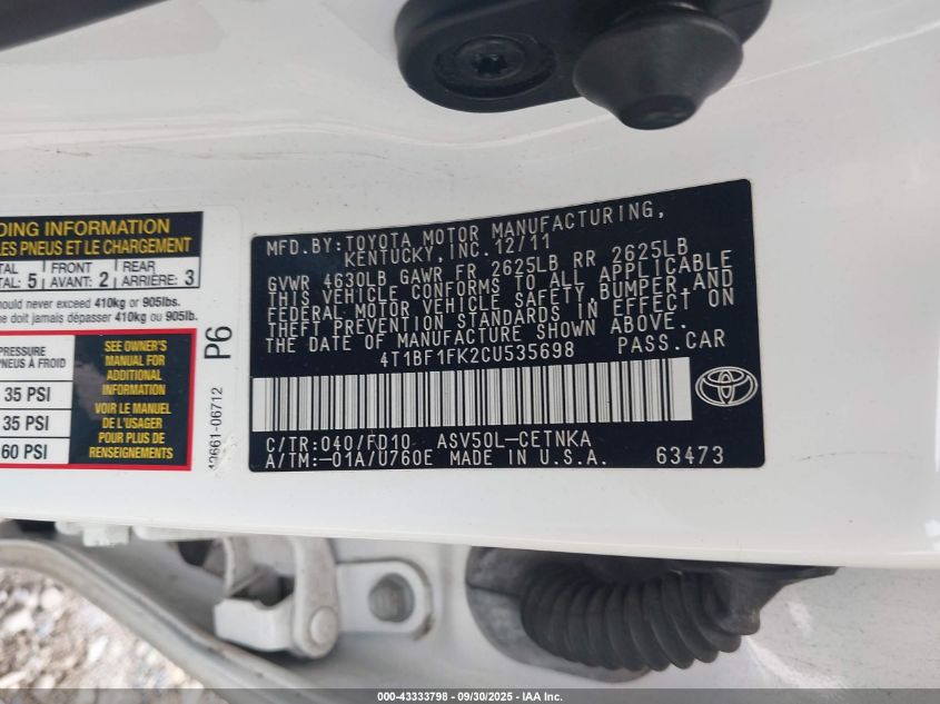 2012 Toyota Camry Le VIN: 4T1BF1FK2CU535698 Lot: 43333798