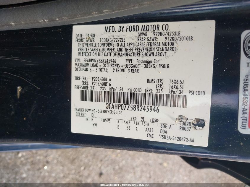 2008 Ford Fusion Se VIN: 3FAHP07Z58R245946 Lot: 43333801