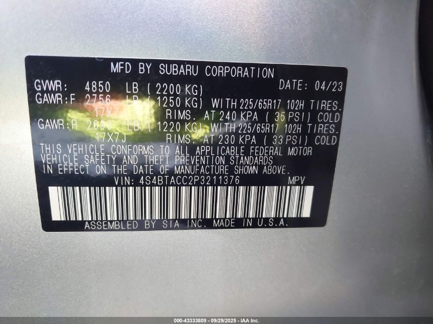 2023 Subaru Outback Premium VIN: 4S4BTACC2P3211376 Lot: 43333809