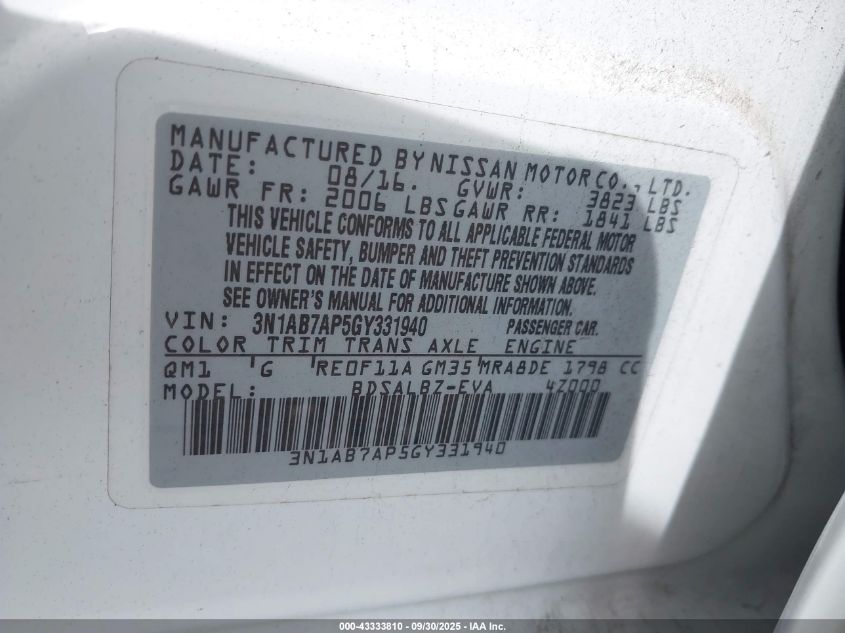 2016 Nissan Sentra S VIN: 3N1AB7AP5GY331940 Lot: 43333810