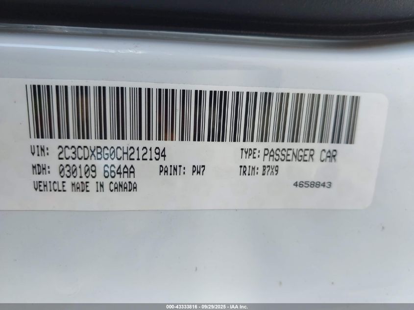 2012 Dodge Charger Se VIN: 2C3CDXBG0CH212194 Lot: 43333816