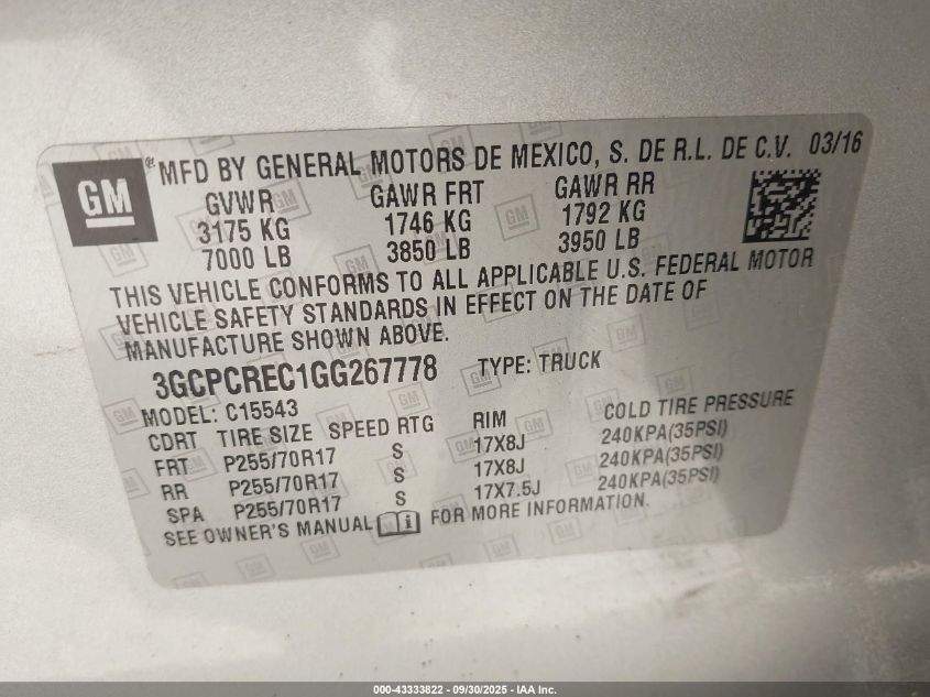 2016 Chevrolet Silverado 1500 1Lt VIN: 3GCPCREC1GG267778 Lot: 43333822