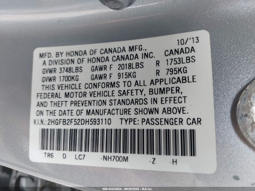 2013 Honda Civic Lx VIN: 2HGFB2F52DH593110 Lot: 43333824