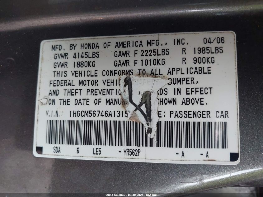 2006 Honda Accord 2.4 Ex VIN: 1HGCM56746A131553 Lot: 43333830