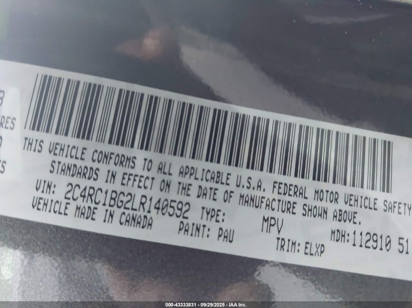 2020 Chrysler Pacifica Touring L VIN: 2C4RC1BG2LR140592 Lot: 43333831