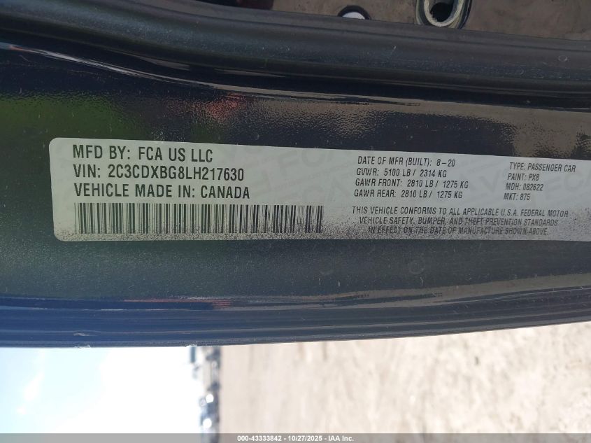 2020 Dodge Charger Sxt Rwd VIN: 2C3CDXBG8LH217630 Lot: 43333842