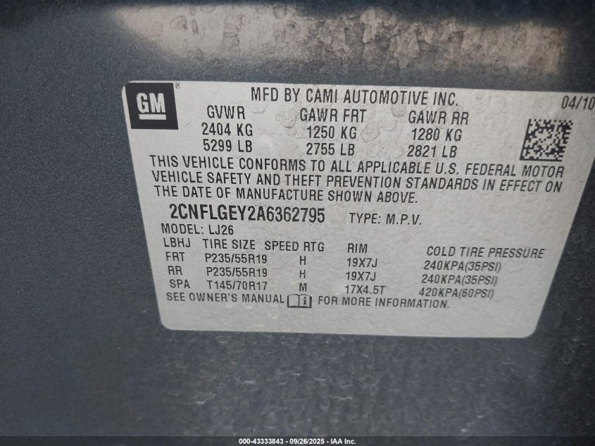 2010 Chevrolet Equinox Ltz VIN: 2CNFLGEY2A6362795 Lot: 43333843