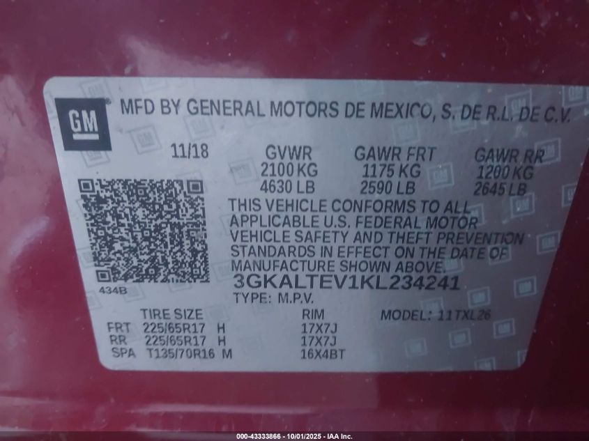 2019 GMC Terrain Sle VIN: 3GKALTEV1KL234241 Lot: 43333866