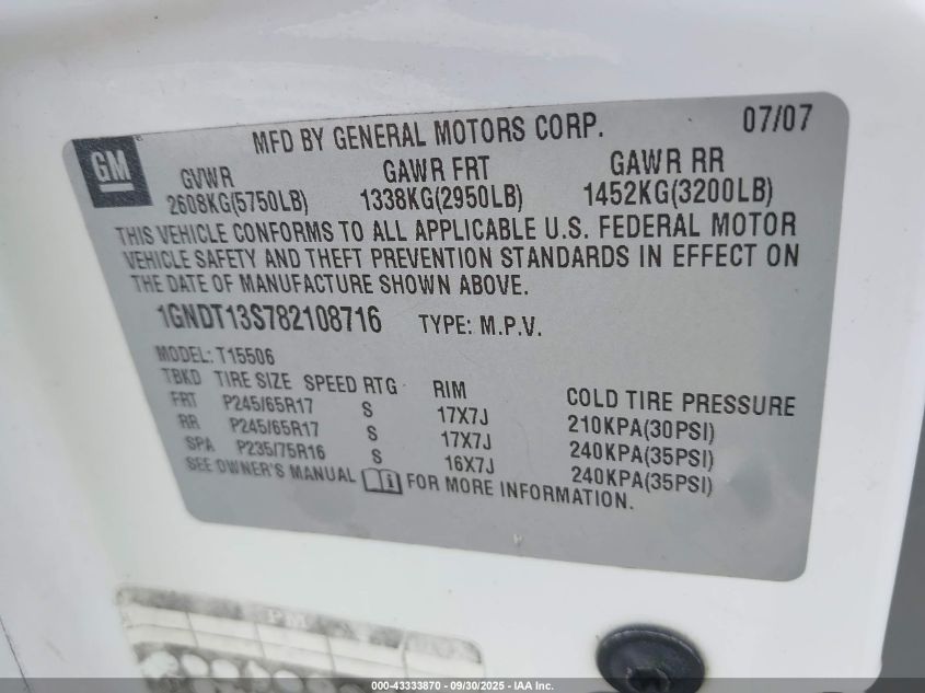 2008 Chevrolet Trailblazer Fleet VIN: 1GNDT13S782108716 Lot: 43333870