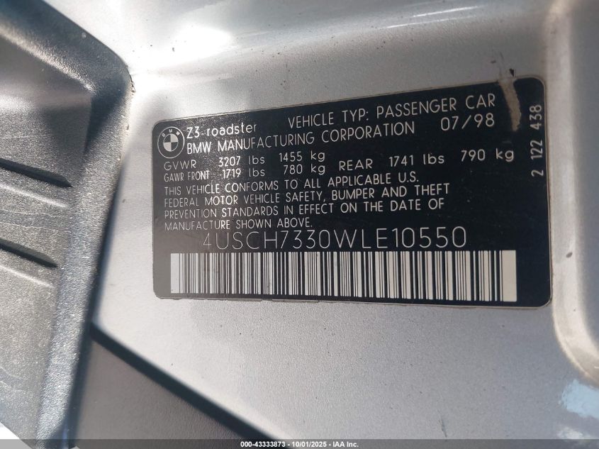 1998 BMW Z3 1.9 VIN: 4USCH7330WLE10550 Lot: 43333873