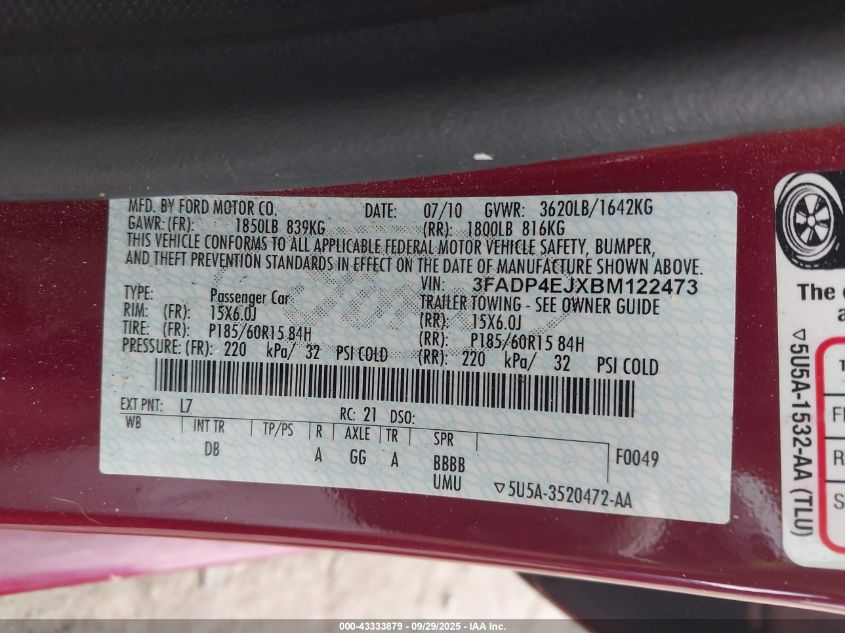 2011 Ford Fiesta Se VIN: 3FADP4EJXBM122473 Lot: 43333879