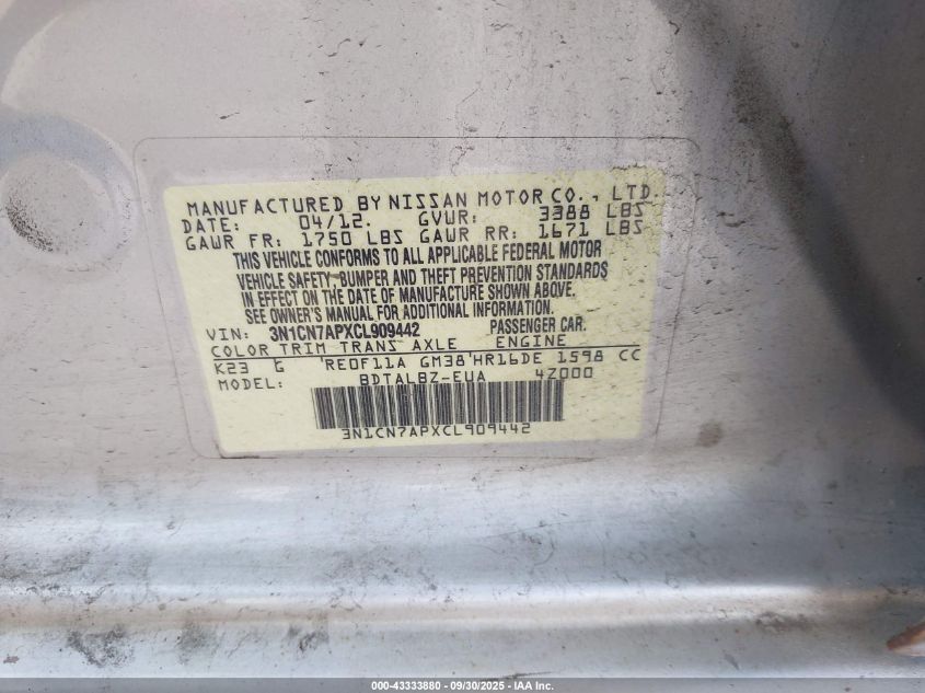 2012 Nissan Versa 1.6 Sv VIN: 3N1CN7APXCL909442 Lot: 43333880