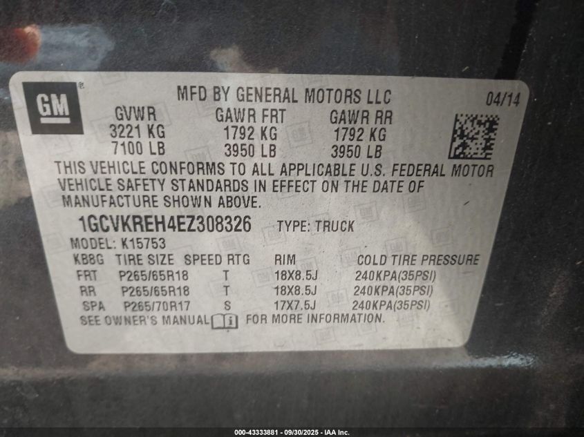 2014 Chevrolet Silverado 1500 1Lt VIN: 1GCVKREH4EZ308326 Lot: 43333881