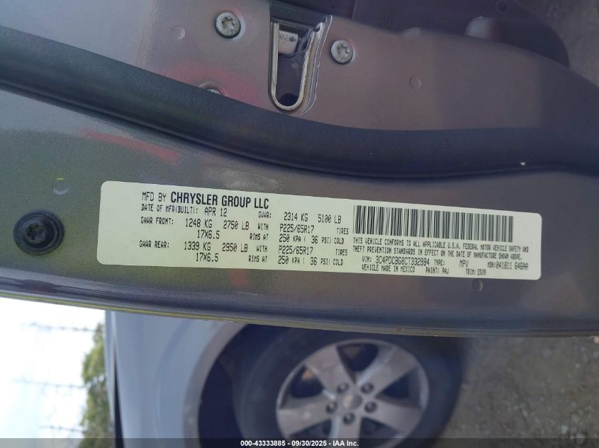 2012 Dodge Journey Sxt VIN: 3C4PDCBG8CT332984 Lot: 43333885