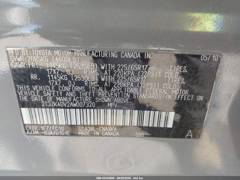 2010 Toyota Rav4 Base V6 VIN: 2T3ZK4DV2AW007320 Lot: 43333895