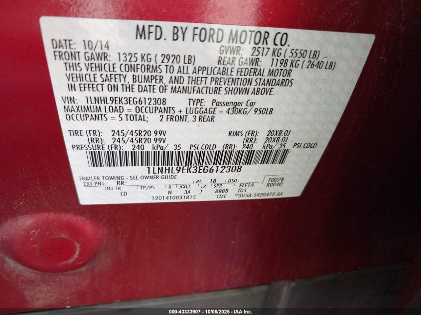 2014 Lincoln Mks VIN: 1LNHL9EK3EG612308 Lot: 43333907