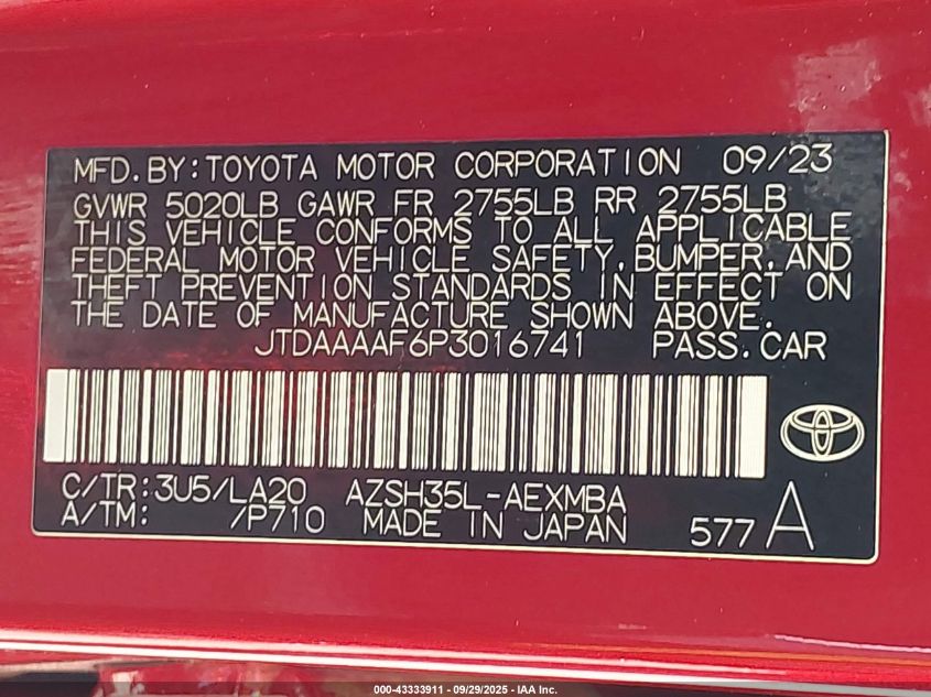 2023 Toyota Crown Limited VIN: JTDAAAAF6P3016741 Lot: 43333911