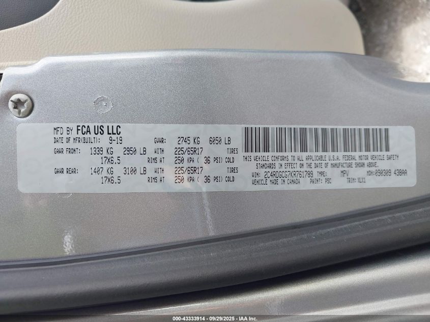 2019 Dodge Grand Caravan Sxt VIN: 2C4RDGCG7KR761789 Lot: 43333914