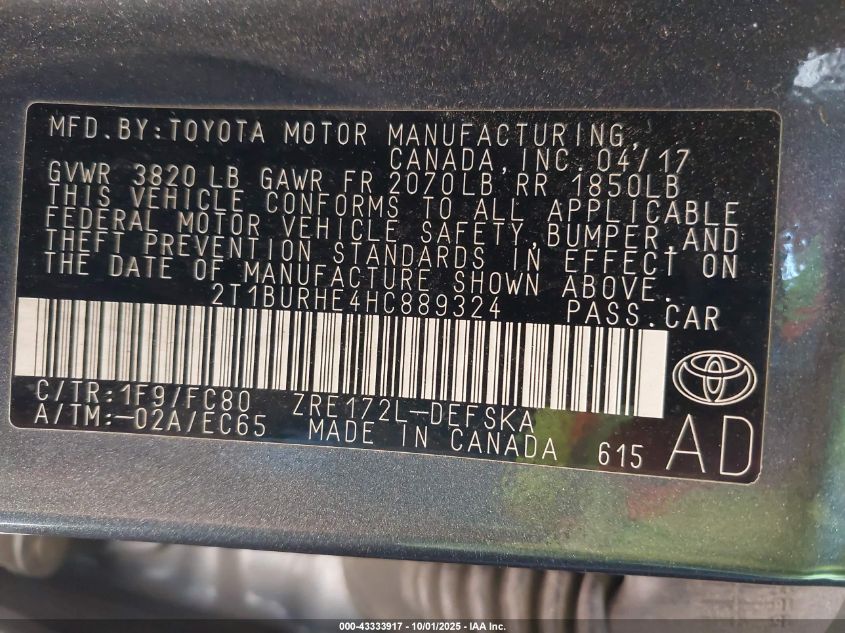 2017 Toyota Corolla Se VIN: 2T1BURHE4HC889324 Lot: 43333917