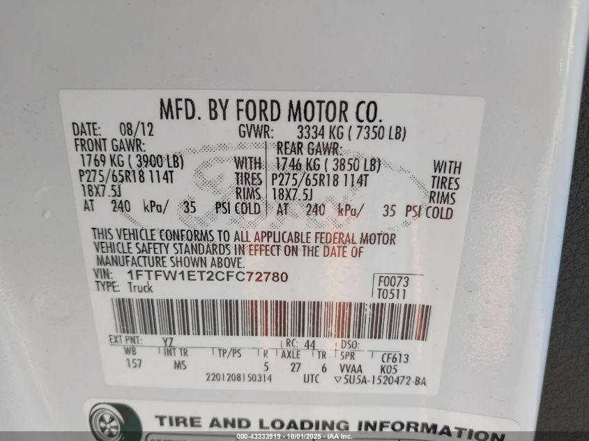 2012 Ford F-150 Xlt VIN: 1FTFW1ET2CFC72780 Lot: 43333919