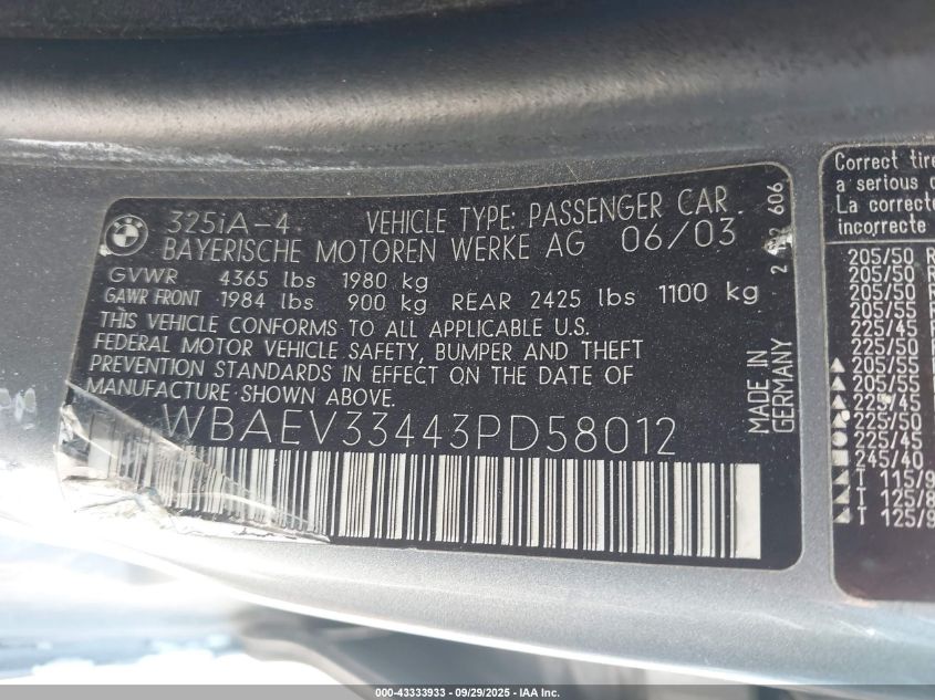 2003 BMW 325I VIN: WBAEV33443PD58012 Lot: 43333933