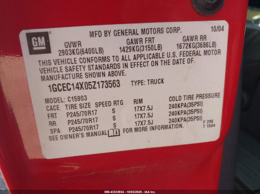 2005 Chevrolet Silverado 1500 Work Truck VIN: 1GCEC14X05Z173563 Lot: 43333934