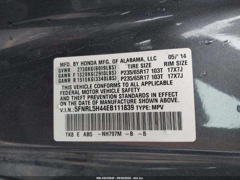 2014 Honda Odyssey Ex VIN: 5FNRL5H44EB111839 Lot: 43333940