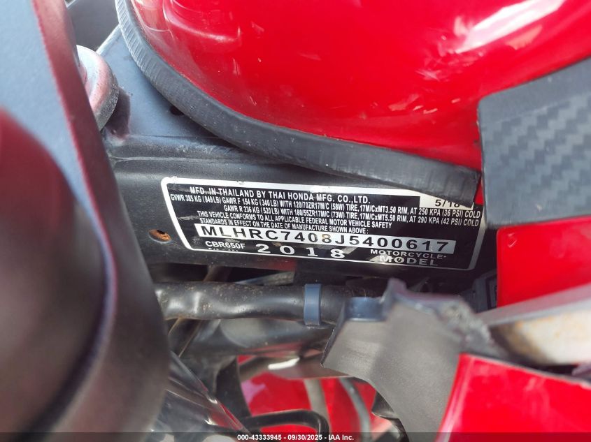 2018 Honda Cbr650 F VIN: MLHRC7408J5400617 Lot: 43333945