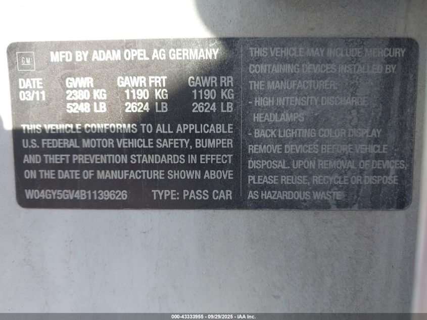 2011 Buick Regal Cxl Turbo Russelsheim VIN: W04GY5GV4B1139626 Lot: 43333955