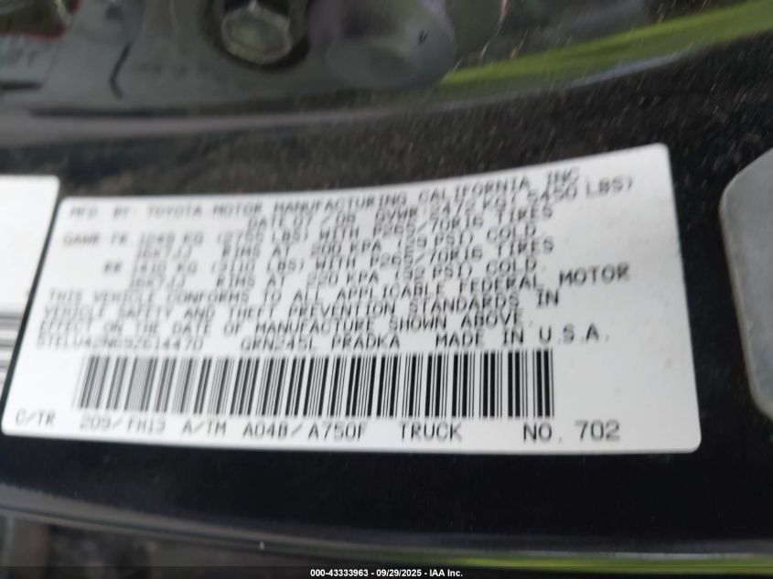 2009 Toyota Tacoma Base V6 VIN: 5TELU42N69Z614470 Lot: 43333963