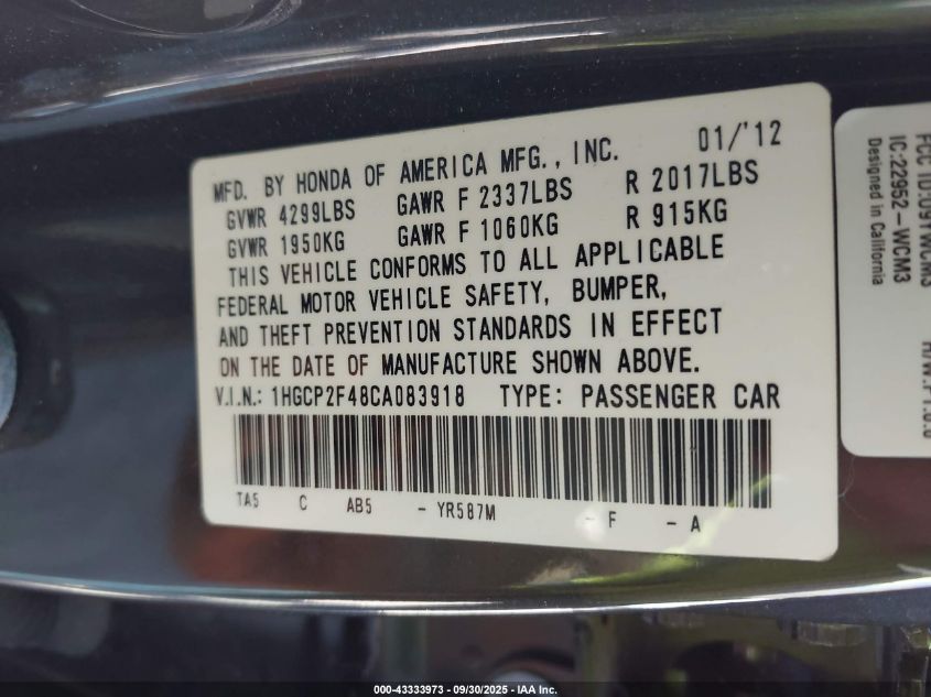2012 Honda Accord 2.4 Lx-P VIN: 1HGCP2F48CA083918 Lot: 43333973