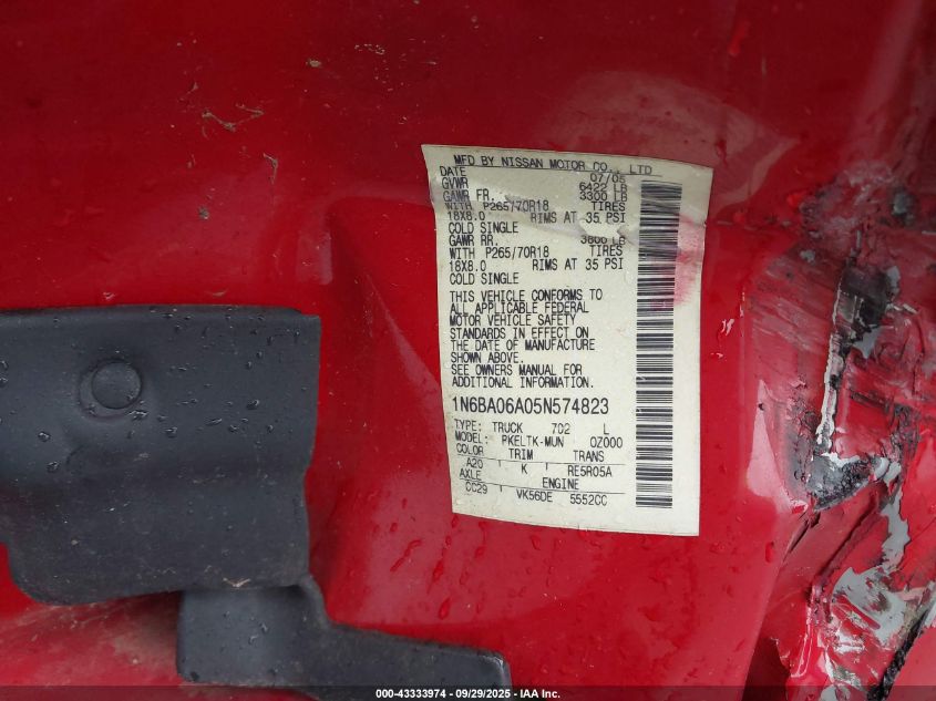 2005 Nissan Titan Se VIN: 1N6BA06A05N574823 Lot: 43333974