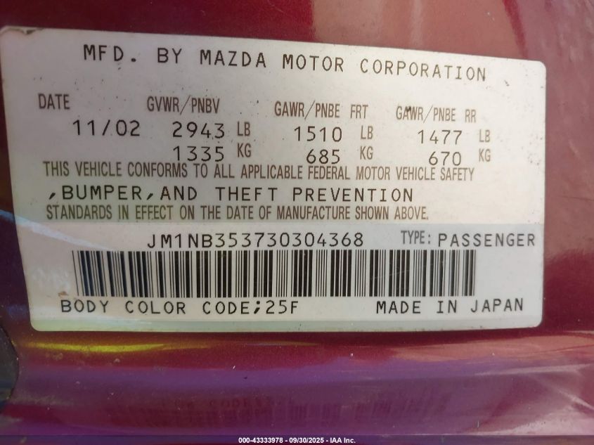 2003 Mazda Mx-5 Miata Cloth/Ls/Se/Shinsen VIN: JM1NB353730304368 Lot: 43333978