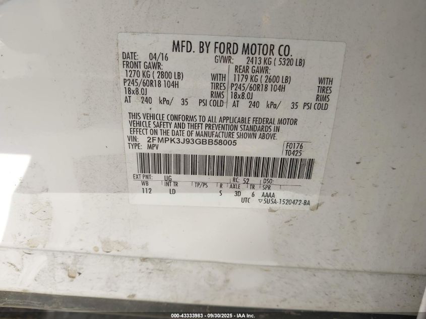 2016 Ford Edge Sel VIN: 2FMPK3J93GBB58005 Lot: 43333983