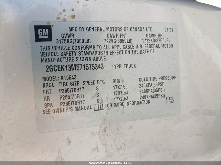 2007 Chevrolet Silverado 1500 Lt1 VIN: 2GCEK13M571575343 Lot: 43333985