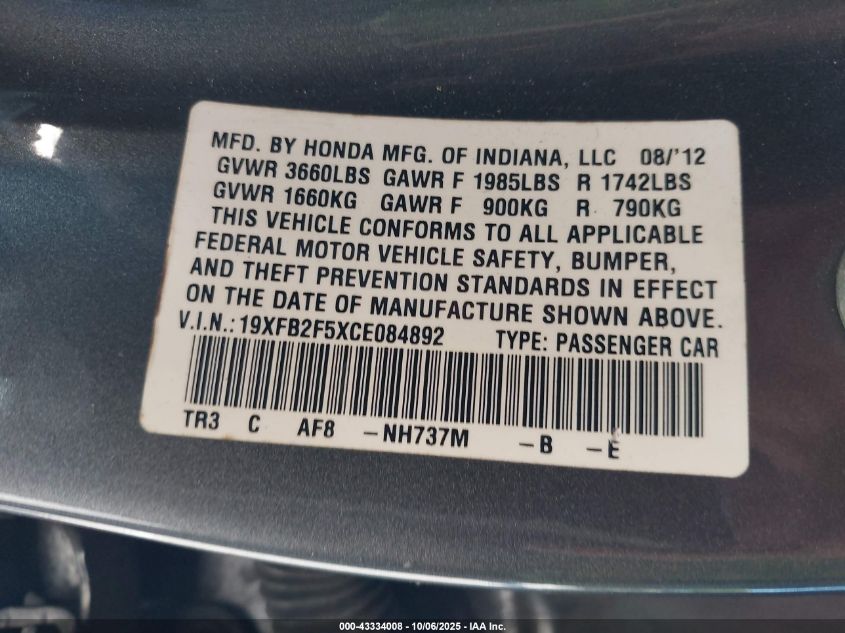 2012 Honda Civic Lx VIN: 19XFB2F5XCE084892 Lot: 43334008