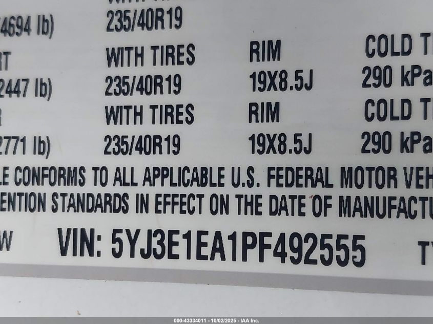 2023 Tesla Model 3 Rear-Wheel Drive VIN: 5YJ3E1EA1PF492555 Lot: 43334011